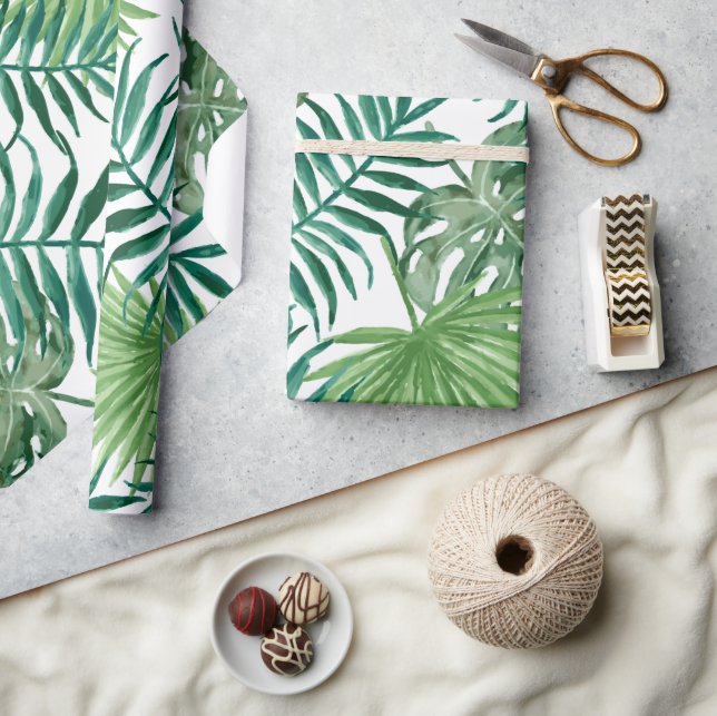 Papel De Presente Folhas de Monstera e Palmeira Tropicais (Artesanato)