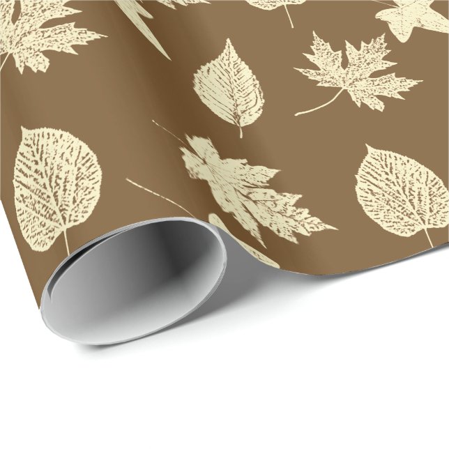 Papel De Presente Folhas de outono - bege e chocolate (Ponta do rolo)