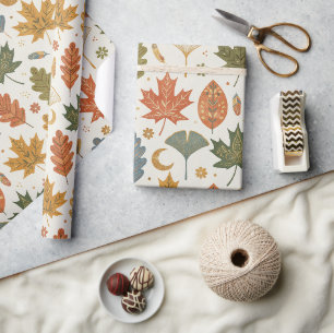 Papel De Presente Folhas de Outono Boho Caprichosas Aquarela