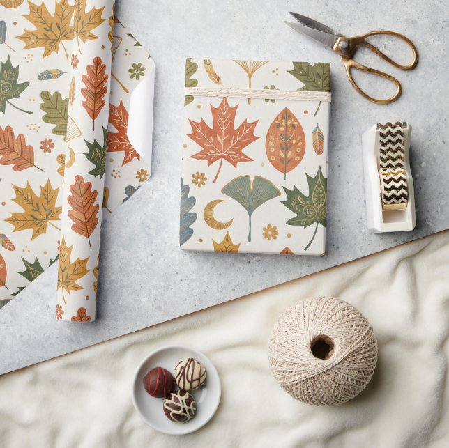 Papel De Presente Folhas de Outono Boho Caprichosas Aquarela (Artesanato)