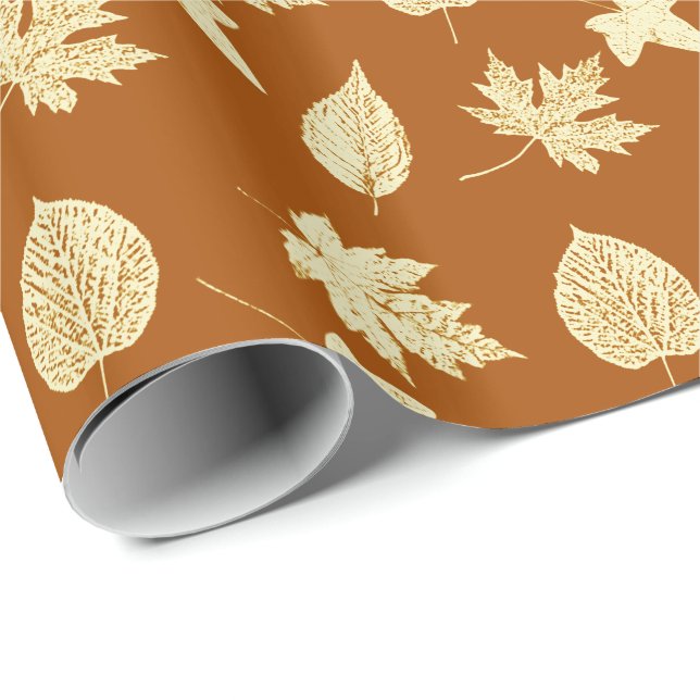 Papel De Presente Folhas de outono - castanho-ferrugem e nata (Ponta do rolo)