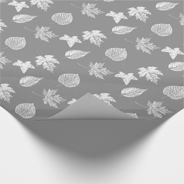 Papel De Presente Folhas de outono - cinza de prata e branco (Ponta)