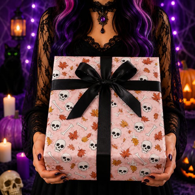Papel De Presente Folhas de Outono com Caveira Rosa Padrão de Hallow (Criador carregado)