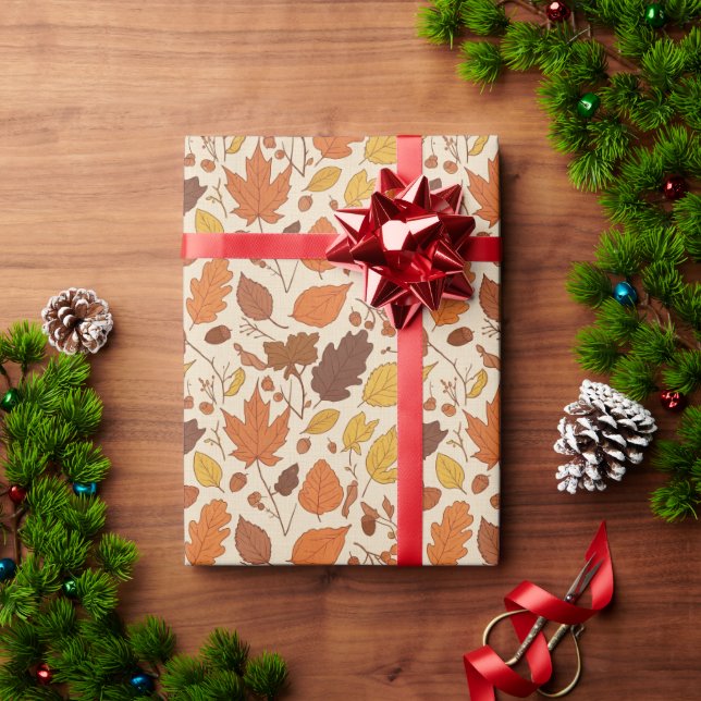 Papel De Presente Folhas de Outono e Bolotas Sem Costura (Presente de Natal)