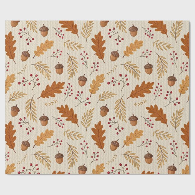 Papel De Presente Folhas de Outono e Padrão de Bolotas (Aberto)