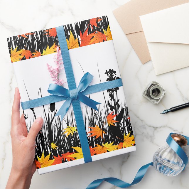 Papel De Presente Folhas de outono e Silhueta de grama selvagem (Criador carregado)