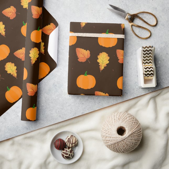 Papel De Presente Folhas de Outono Laranja e Abóboras em Artesanato  (Artesanato)