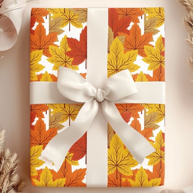 Papel De Presente Folhas de Outono Laranja e Dourado Elegantes (Criador carregado)