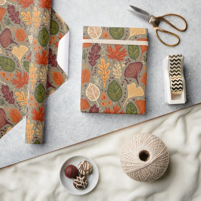 Papel De Presente Folhas de Outono Multicoloridas Boho Caprichosas (Artesanato)