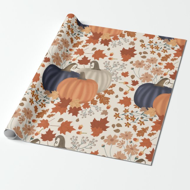 Papel De Presente Folhas de outono Russas de Pumpkins Flores Selvage (Desenrolado)
