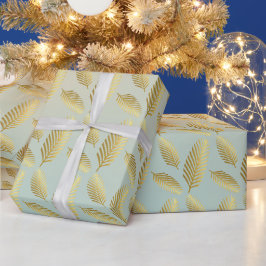 Papel De Presente Folhas de Palma Douradas Padrão e Tom de Azul