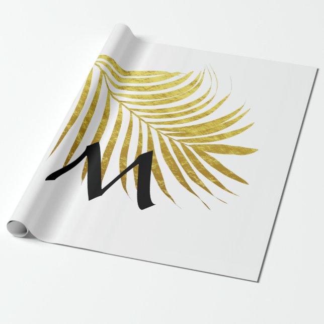 Papel De Presente Folhas de Palma em Folha Dourada com Iniciais Mono (Desenrolado)