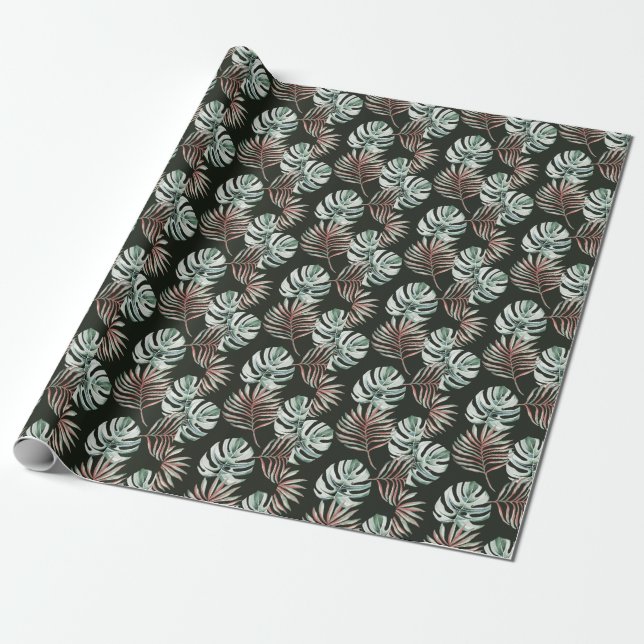 Papel De Presente Folhas de palma, monstera: aquarela tropical. (Desenrolado)
