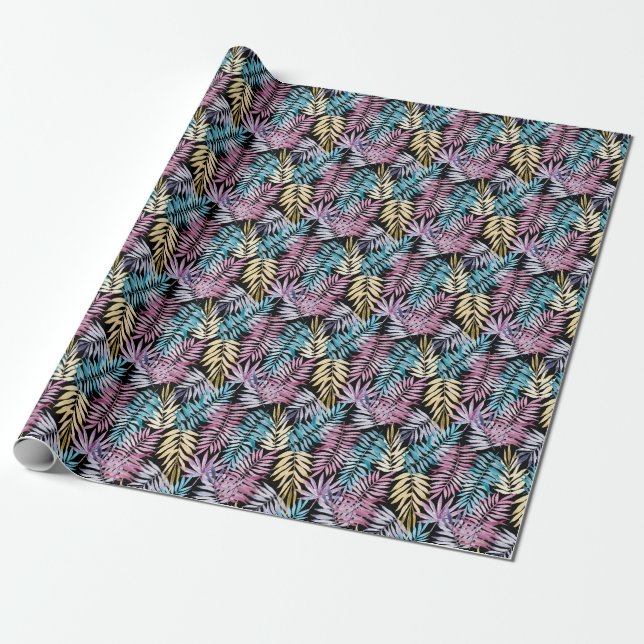 Papel De Presente Folhas de palma: padrão escuro de cor d'água (Desenrolado)