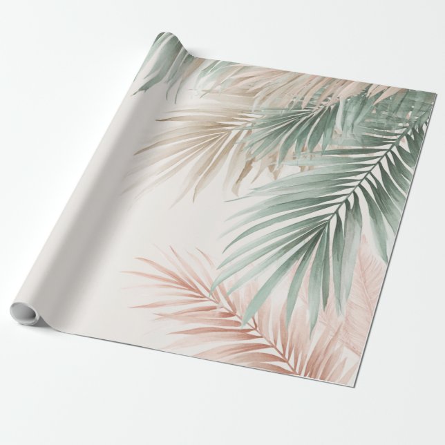 Papel De Presente Folhas de Palmeira Tropicais Rosa Verde Azul Paste (Desenrolado)