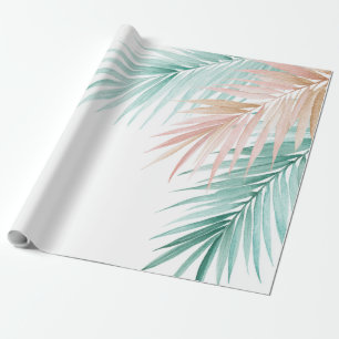 Papel De Presente Folhas de Palmeira Tropicais Rosa Verde Azul Paste