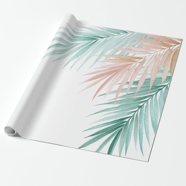 Papel De Presente Folhas de Palmeira Tropicais Rosa Verde Azul Paste (Desenrolado)