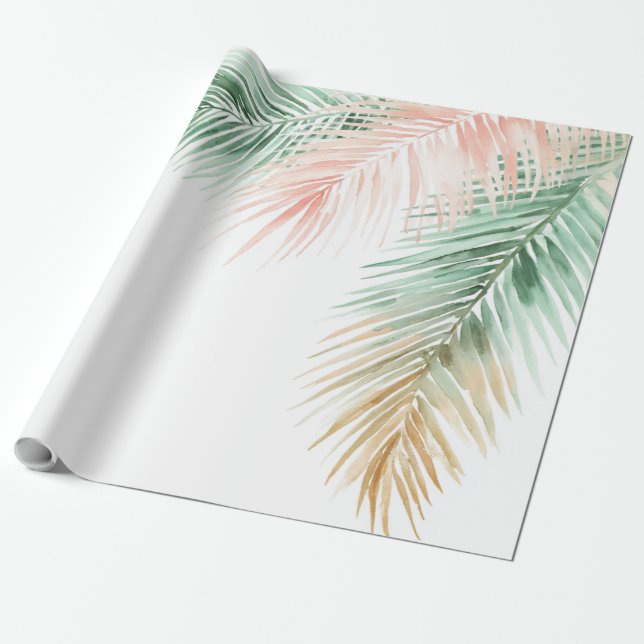 Papel De Presente Folhas de Palmeira Tropicais Rosa Verde Azul Paste (Desenrolado)