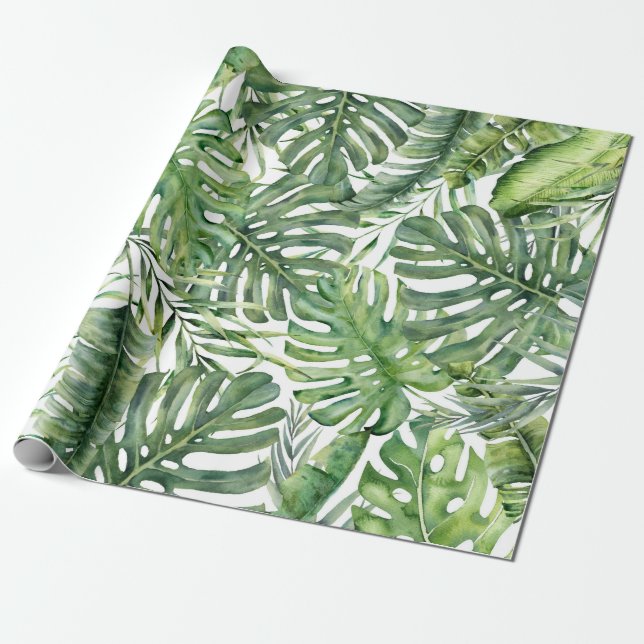 Papel De Presente Folhas de Palmeira Tropical Verde Brisa de Verão d (Desenrolado)