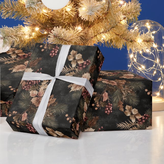 Papel De Presente Folhas Douradas e Florais secas (Feriados)