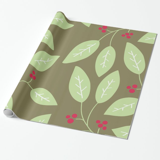 Papel De Presente folhas e bagas com padrão (Desenrolado)