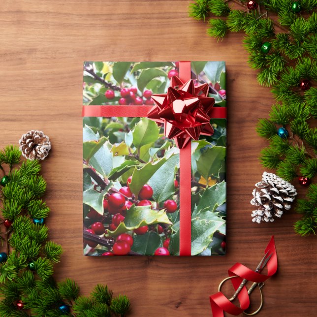 Papel De Presente Folhas e Bagas de Azevinho (Presente de Natal)