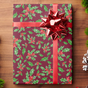 Papel De Presente Folhas e bagas de azevinho de Natal vermelhas e ve