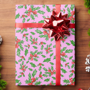 Papel De Presente Folhas e bagas de azevinho de Natal vermelhas e ve