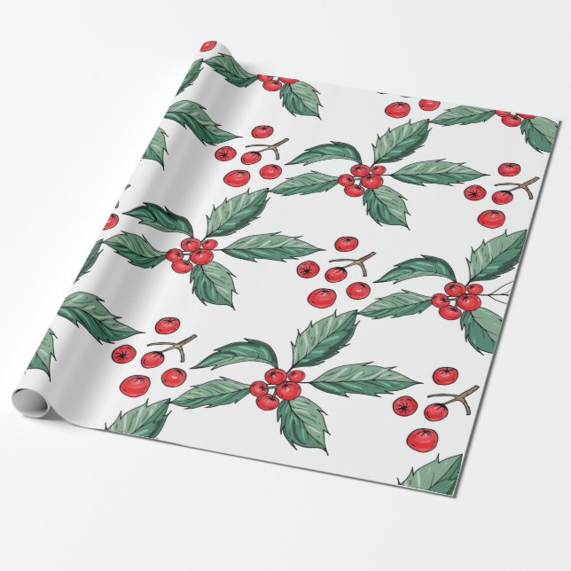 Papel De Presente Folhas e Berries de Natal Bonito (Desenrolado)