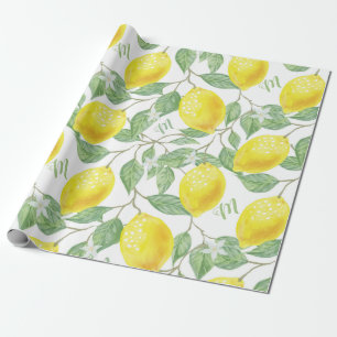 Papel De Presente Folhas e flores de Frutas de limão de Vintage mono