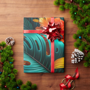 Papel De Presente Folhas e flores tropicais coloridas e elegantes