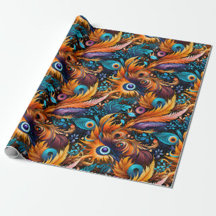 Papel De Presente Folhas e Penas Azuis Douradas