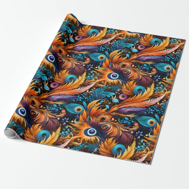 Papel De Presente Folhas e Penas Azuis Douradas (Desenrolado)