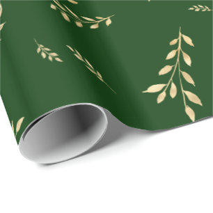 Papel De Presente Folhas elegantes da folha Dourado de Forest Green