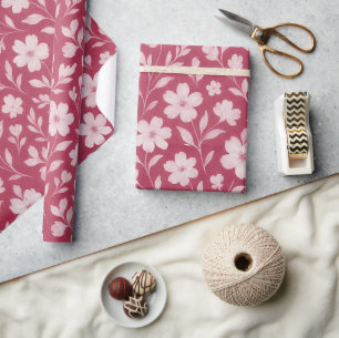 Papel De Presente Folhas Elegantes Padrão de Arte Floral em Rosa Esc