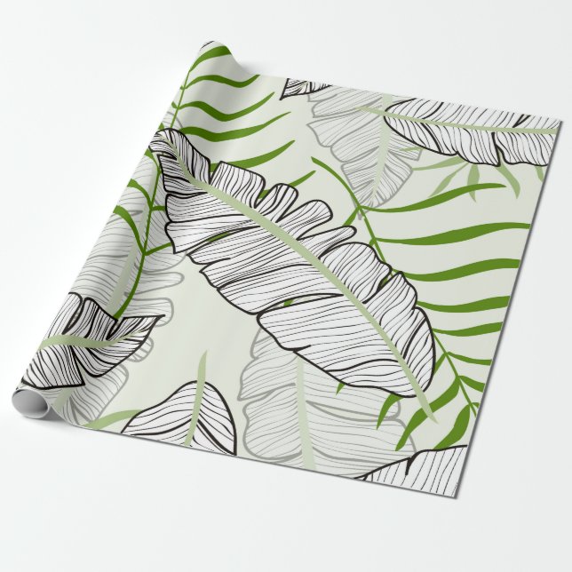 Papel De Presente Folhas exóticas sobre fundo verde. Prato tropical (Desenrolado)