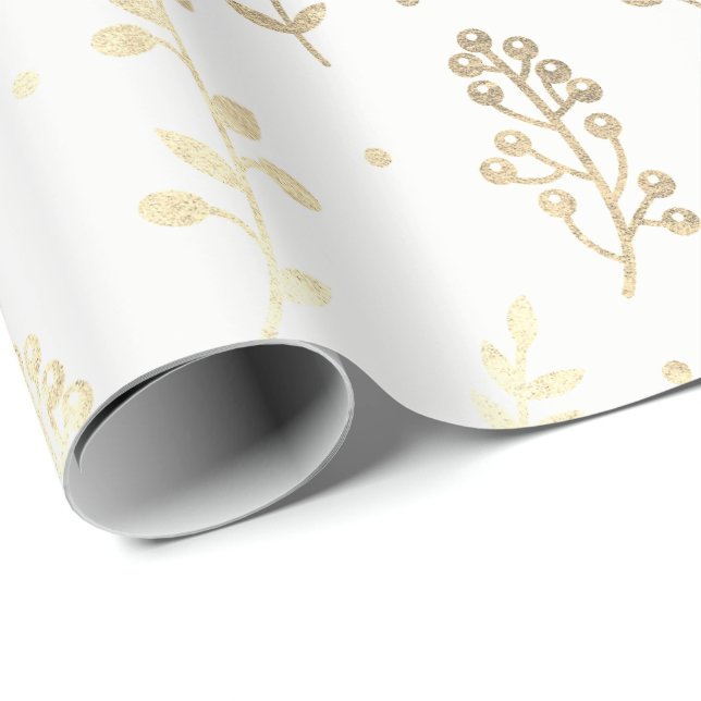 Papel De Presente Folhas Florais Delicado Dourado Branco Metálico (Ponta do rolo)
