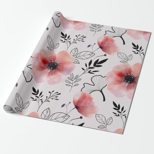 Papel De Presente Folhas florais laranja delicadas modernas (Desenrolado)
