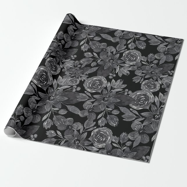 Papel De Presente Folhas Florais Monocromáticas de Cinza Negra (Desenrolado)