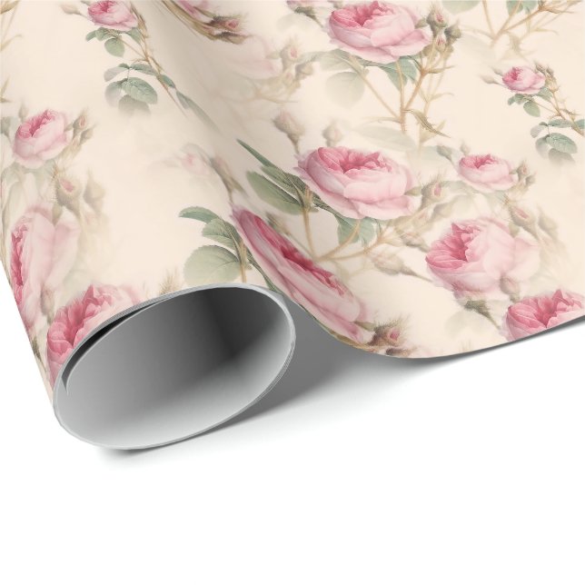 Papel De Presente Folhas Rosa-Rosa-Pastel Elegantes Floral (Ponta do rolo)