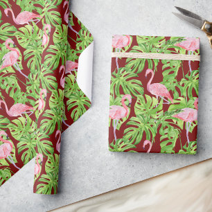 Papel De Presente Folhas tropicais cor-de-rosa Flamingo no Borgonha