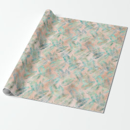 Papel De Presente Folhas Tropicais Cor Verde Água Pêssego