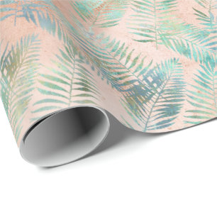 Papel De Presente Folhas Tropicais Cor Verde Água Pêssego