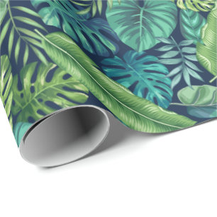 Papel De Presente Folhas Tropicais de Palma Verde e Teal Banana Mons
