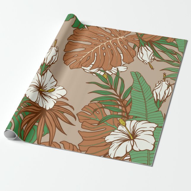 Papel De Presente Folhas tropicais de pele-leopardo flores de hibisc (Desenrolado)