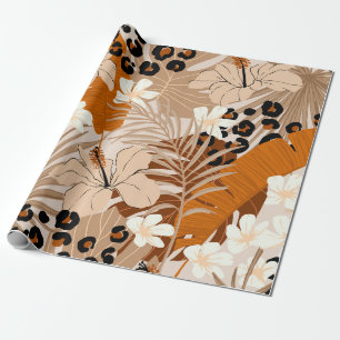 Papel De Presente Folhas tropicais de pele-leopardo flores de hibisc