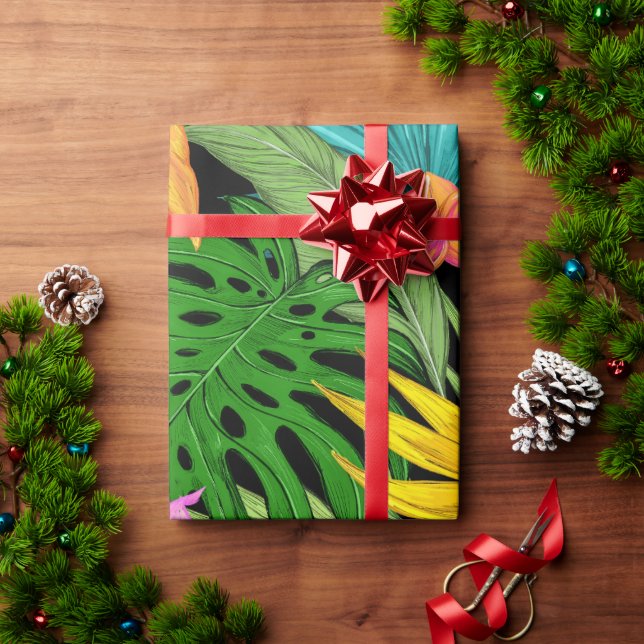 Papel De Presente Folhas Tropicais de Verão Coloridas Elegantes | (Presente de Natal)