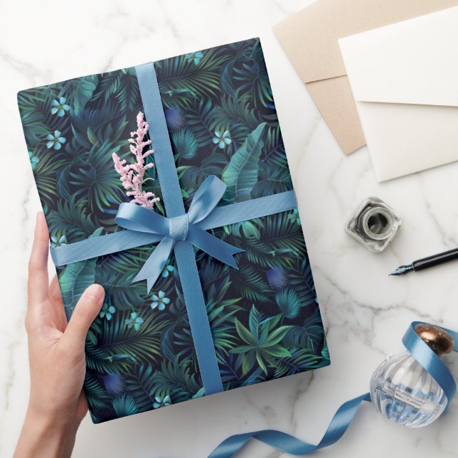 Papel De Presente Folhas Tropicais Flores Azuis (Presentear)