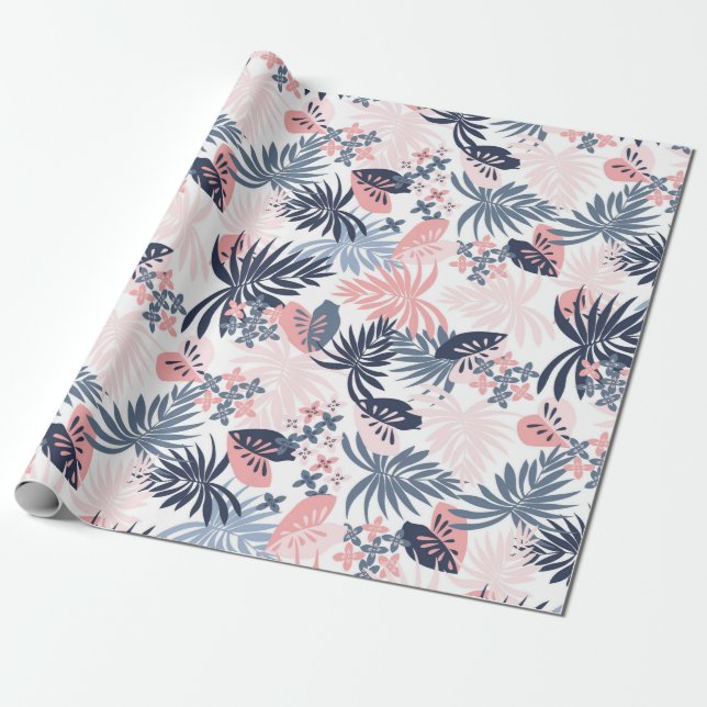 Papel De Presente Folhas tropicais Marinho pincel cor-de-rosa pitada (Desenrolado)