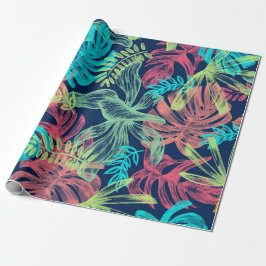Papel De Presente Folhas Tropicais Neon de Cor Aqua Amarelo Verde